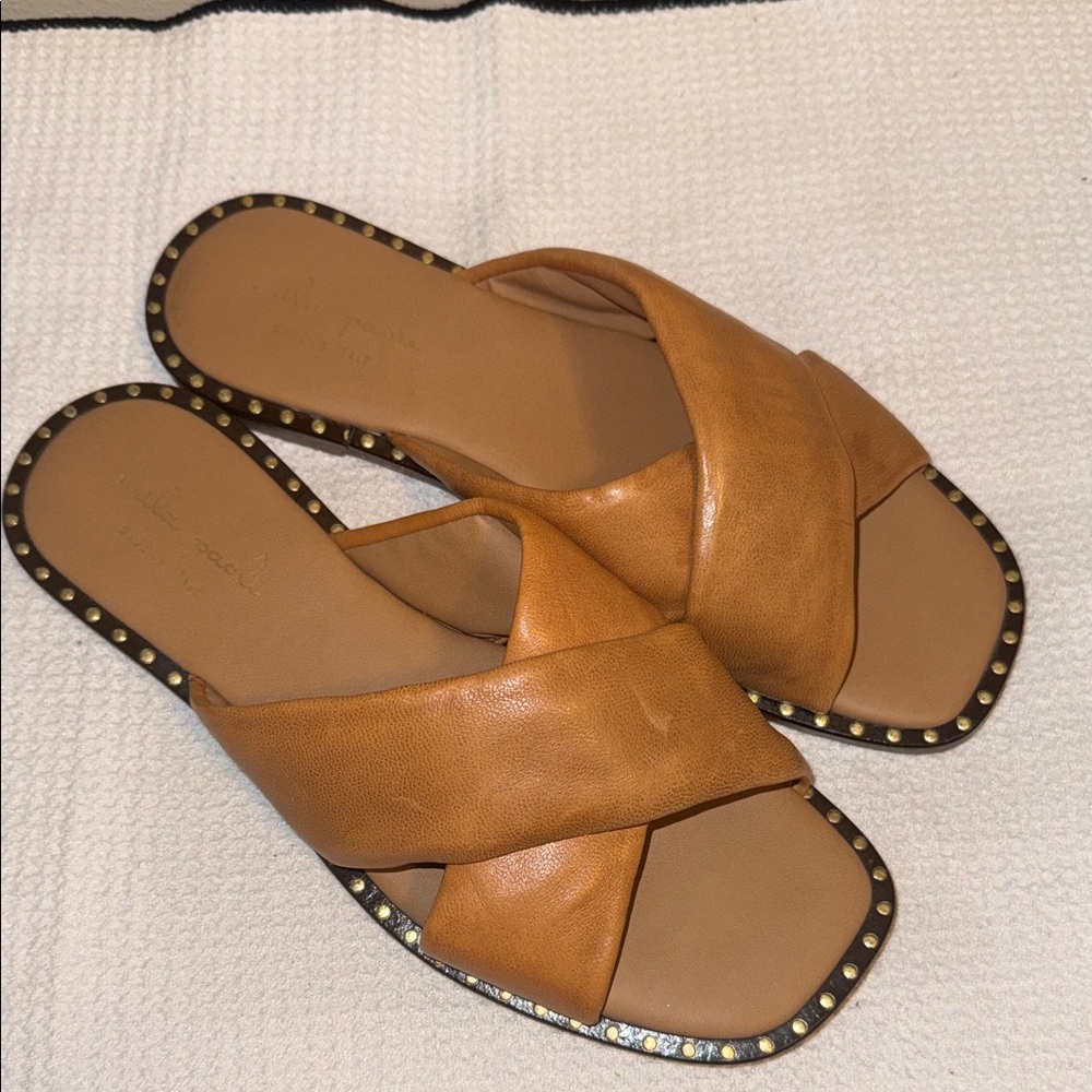 Mila Paoli Tan Cross-Strap Sandals